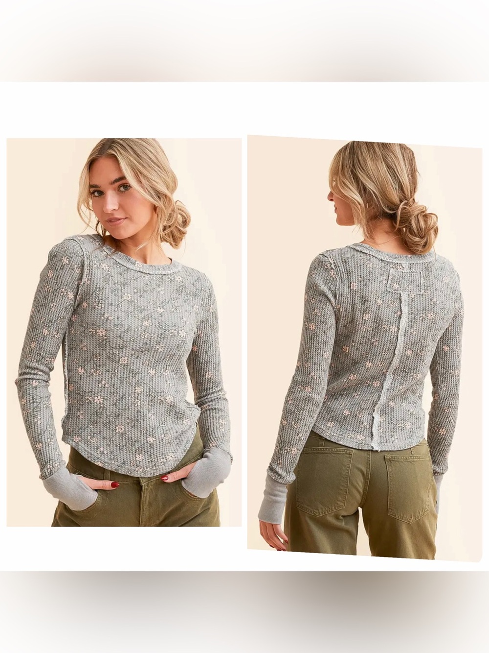 Free People We The Free Pretty Little Thermal Top Women’s M Grey Floral Thumbhol